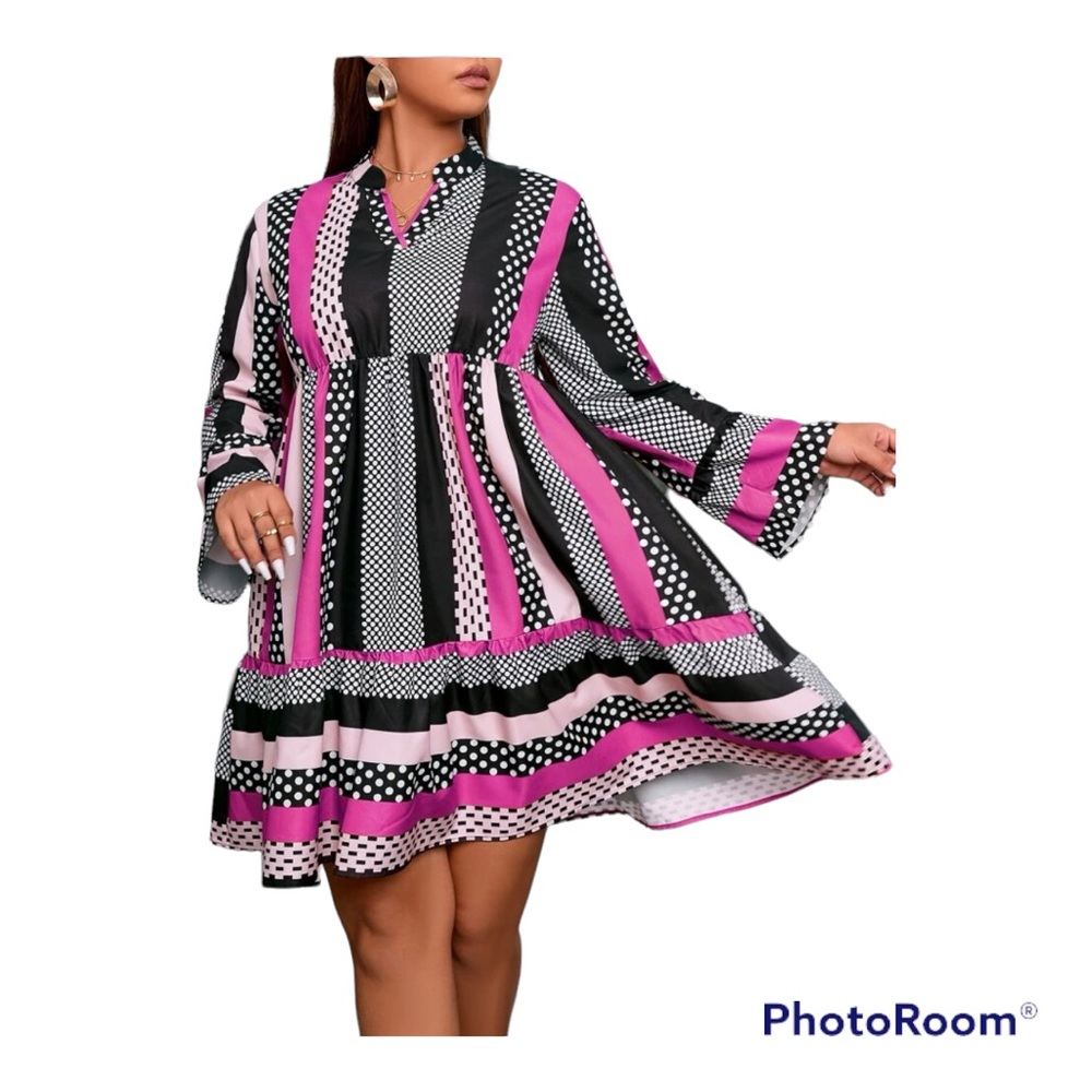 Plus Patchwork Print Flounce Sleeve Ruffle Hem Dress - Picture 1 of 2